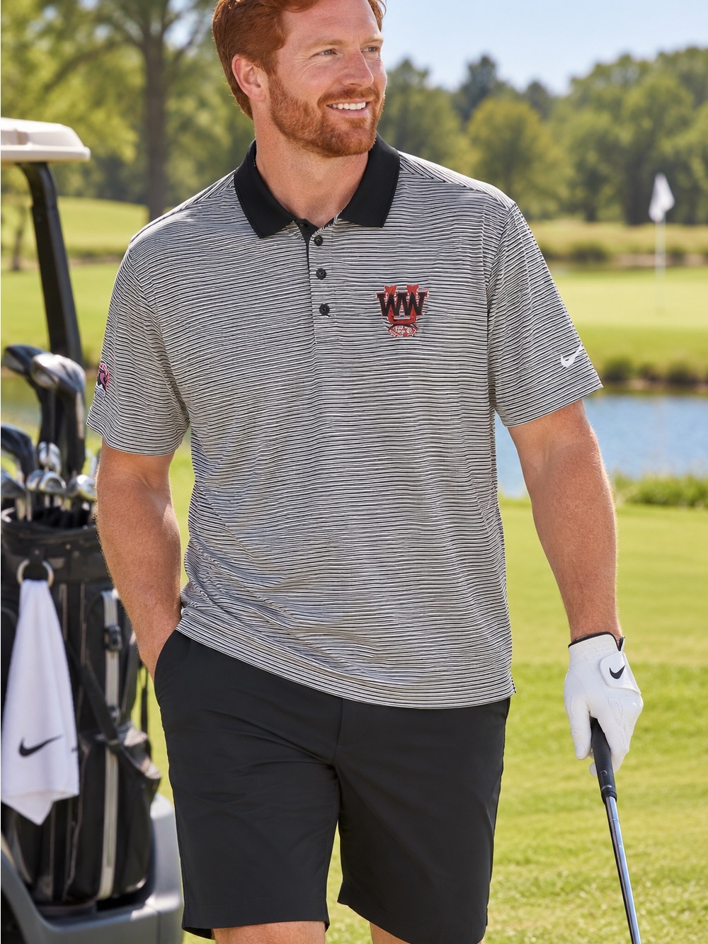 Nike Men’s Black & White Micro-Striped Polo with Contrast Collar